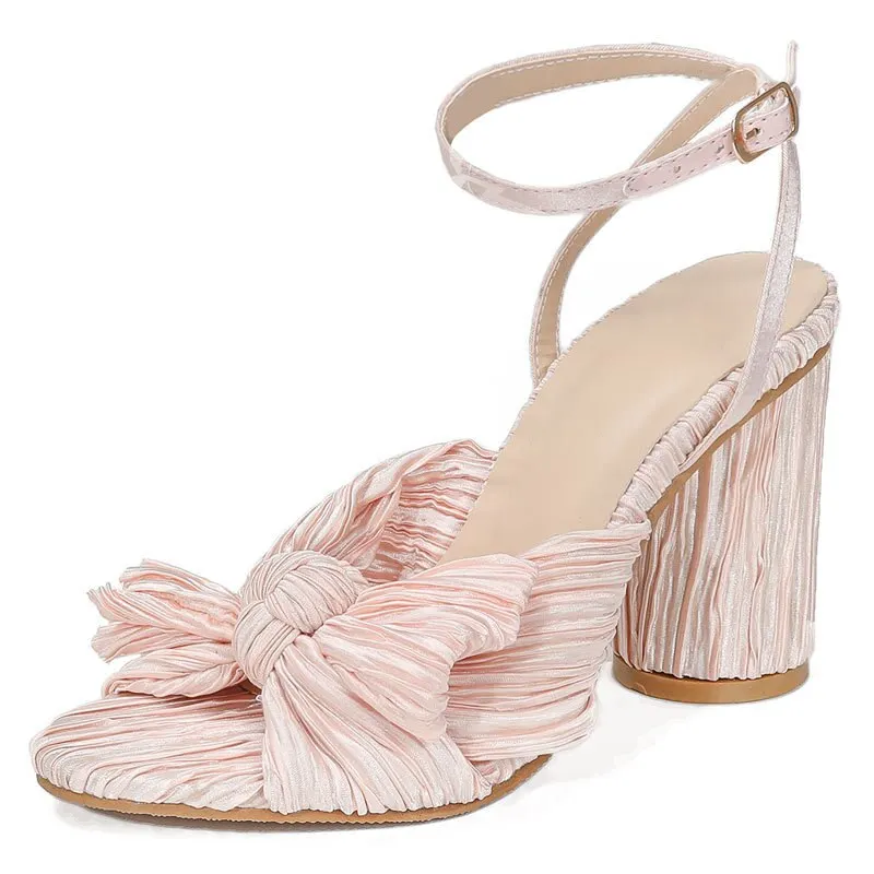 Women Sandals New Brand Summer Shoes Pleated Bow-Knot Round Heels Open Toe Dress Shoes Big Size Party Wedding Shoes