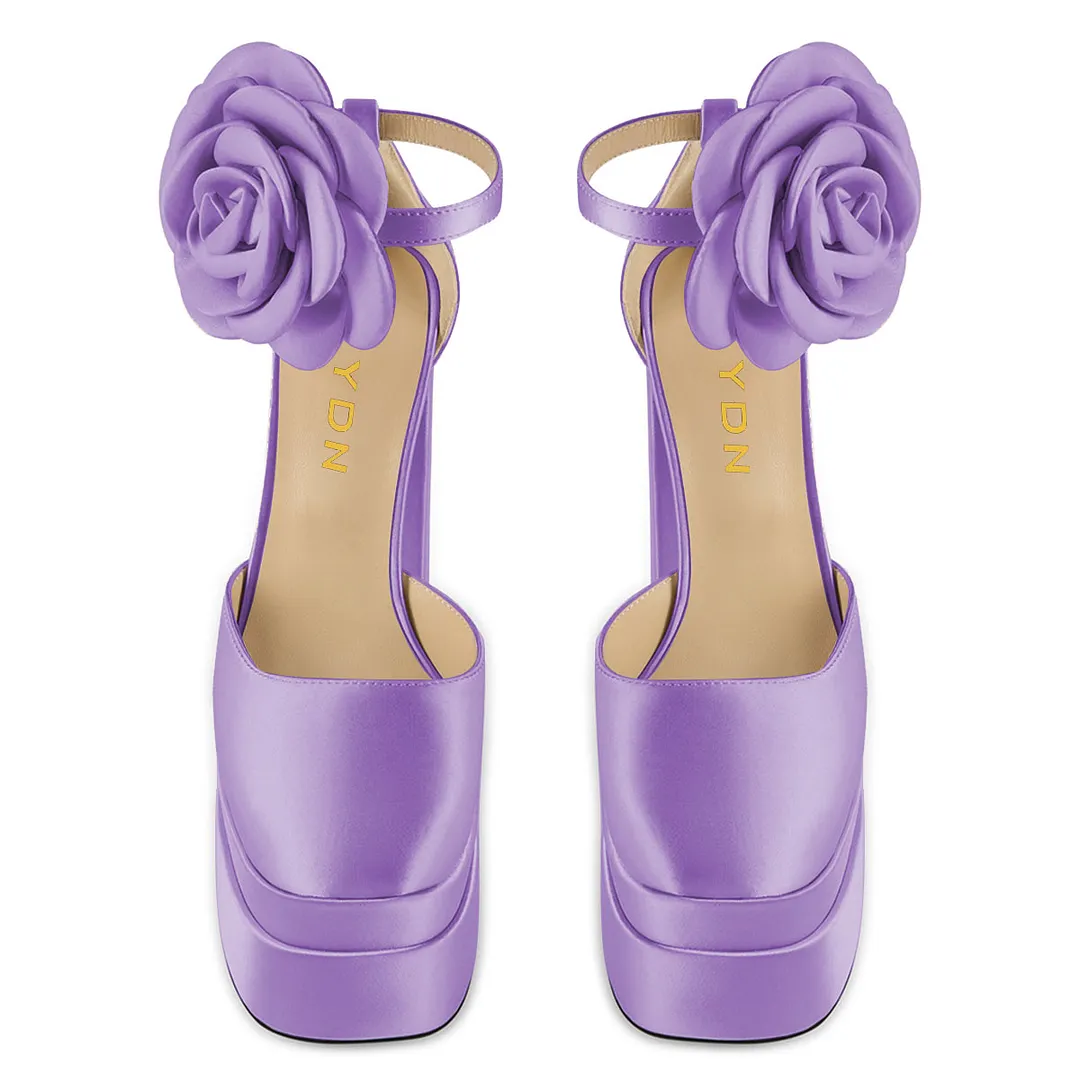 Purple Satin Square Toe Flower Ankle Strap Platform High Heels