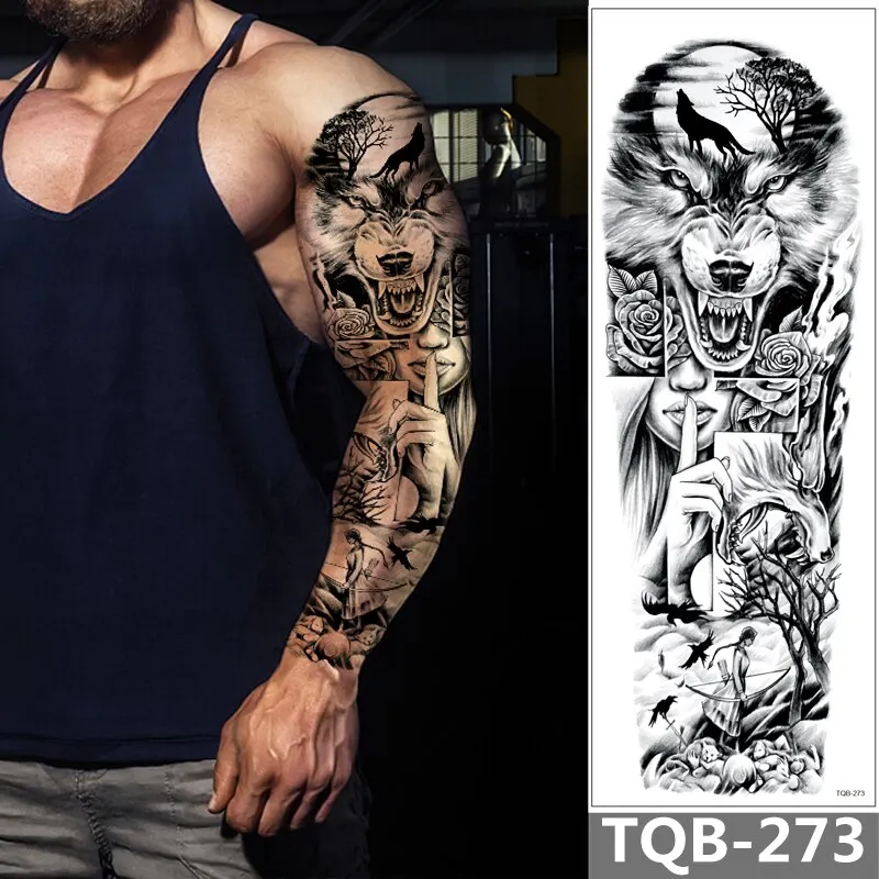Sdrawing Arm Temporary Tattoo Sleeve For Men Maori Wolf Fake Large 3D Tatoo Stickers