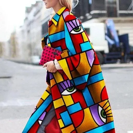 Brownm Long Flared Sleeves Printed Loose Coats