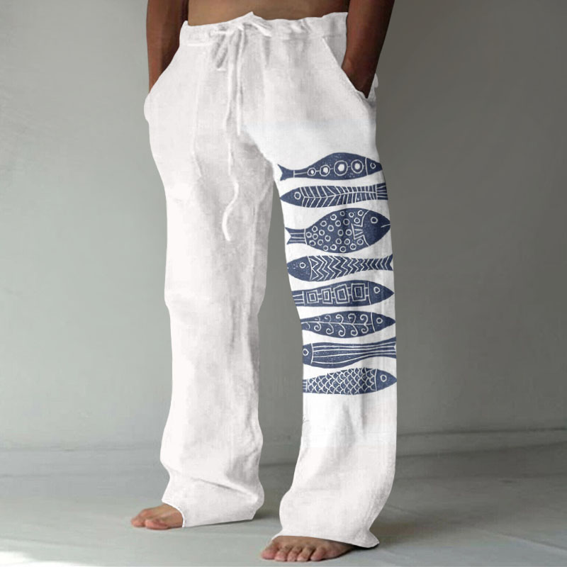 Vintage Japanese Art Fish Casual Linen Blend Pants  artssus
