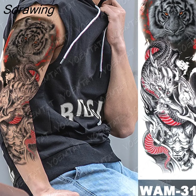 Sdrawing Arm Sleeve Tattoo Tiger Lion Wolf Owl Waterproof Temporary Tatto Sticker Crown Warrior Body Art Full Fake Tatoo Men Women