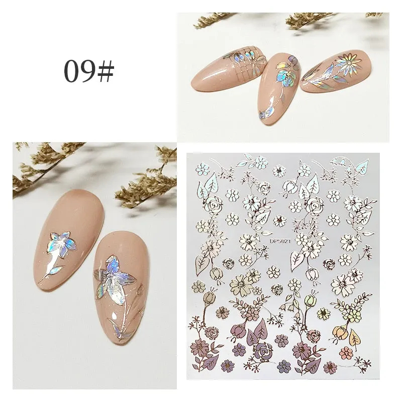 3D Flower Lace Nail Stickers iridescent Bronzing Floral Leaf Transfer Stickers For Nails Manicuring Accessories