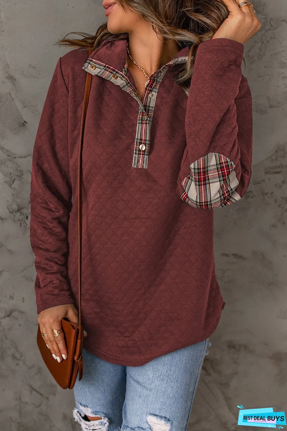 Geometric Texture Plaid Trim Sweatshirt