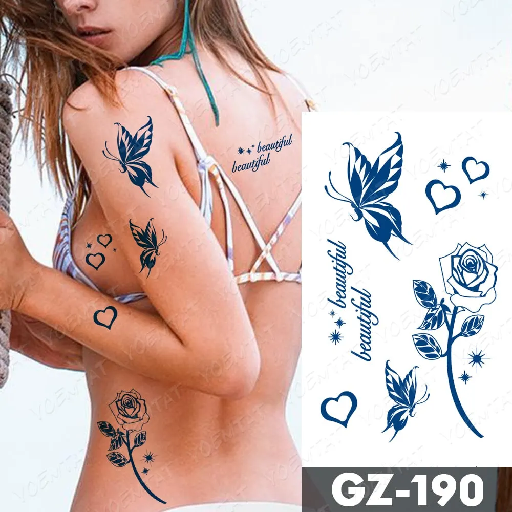 Juice Lasting Waterproof Temporary Tattoo Sticker Rose Butterfly Moon Sun Diamond Heartbeat Wave Flash Fake Tattoos Ink Body Art