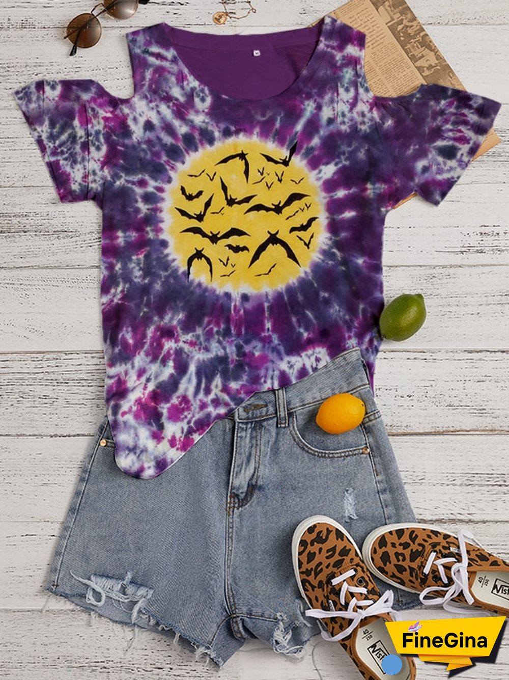 Halloween Tie-dye Bat Print Off-shoulder T-shirt