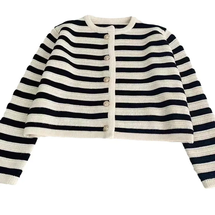 Churchf Churchf Autumn New Temperament Slim Version Of The Buckle Stripe Small Sweet Wind Knitting Cardigan Sweater Short Coat