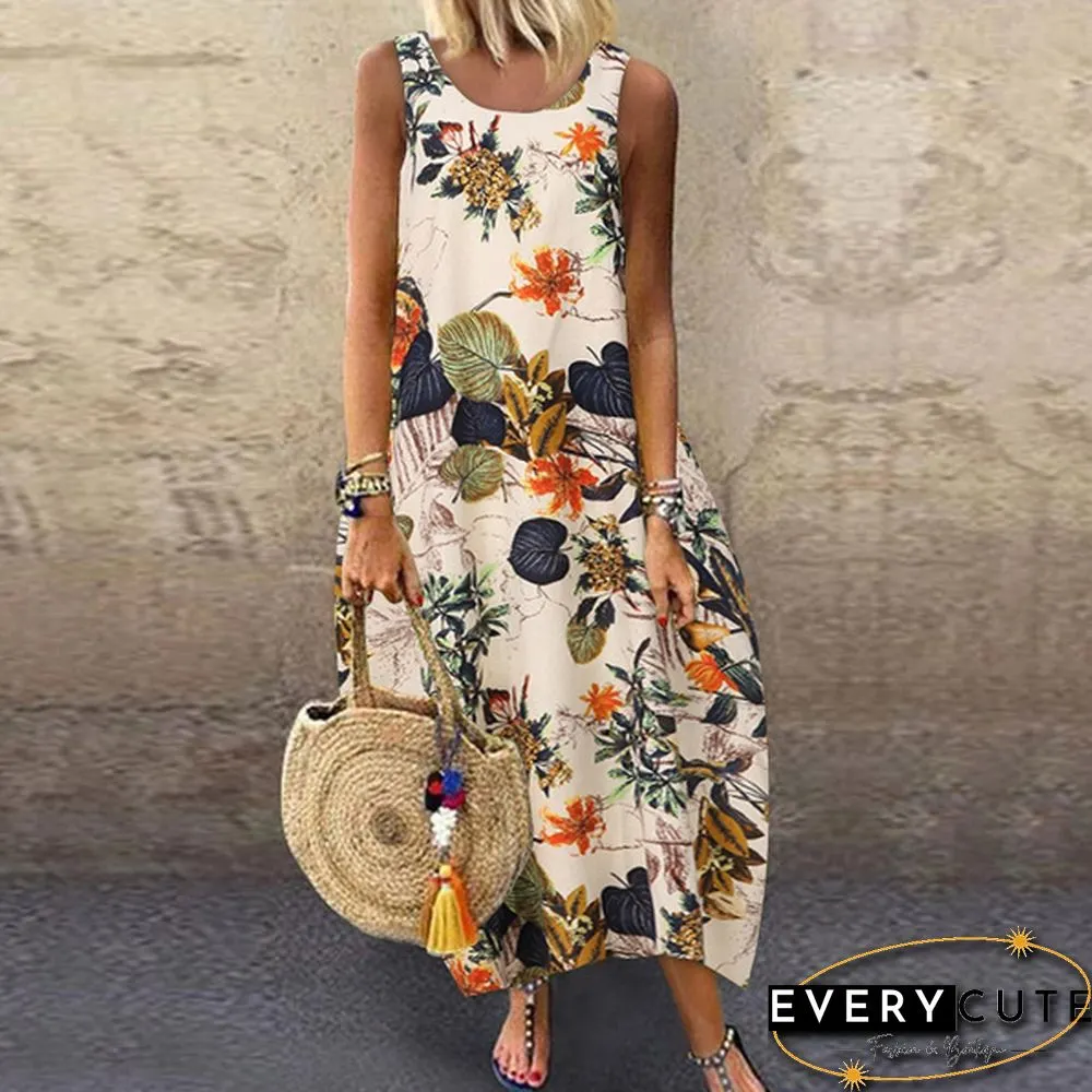 Women Summer Sleeveless Plus Size Floral Printed Long Tank Dress Sundress Beach Dresses