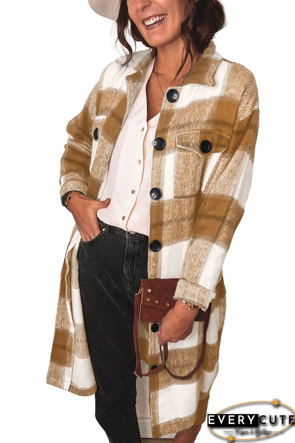 Khaki Shirt Collar Button Closure Plaid Coat