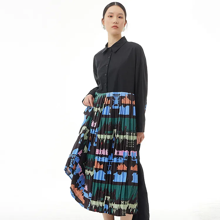 Temperament Loose Turn-down Collar Art Printed Patchwork Pleated Long Sleeve Dress