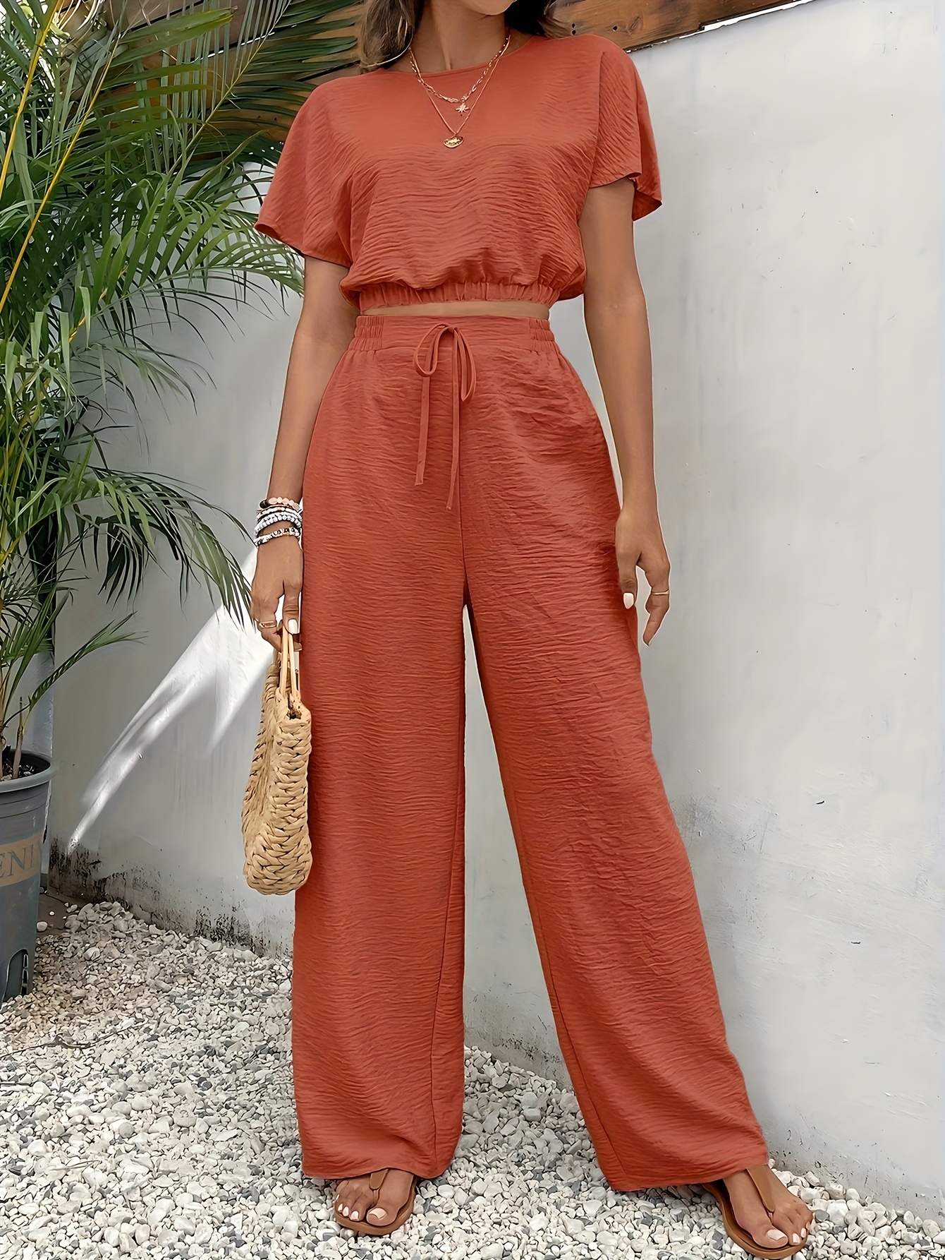 Women's Black Batwing Crop Top & High-Waisted Drawstring Pants Set - Sleeveless, Ruched Design, Non-Stretch Fabric, Perfect For Spring/Summer Casual Wear, Summer Outfit | Ruched Texture | Nonstretch Fabric | IFYHOME