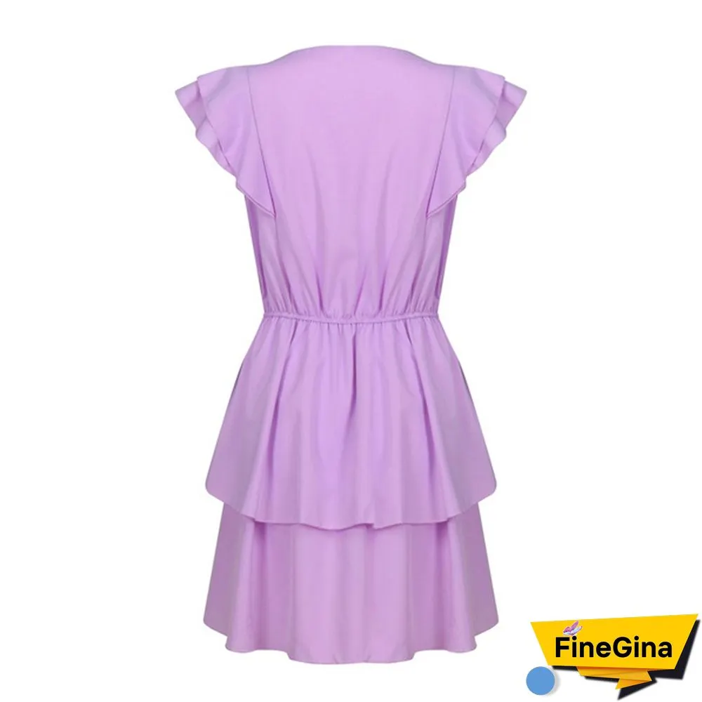 Summer Women's Fashion Solid Color Mini Dress O-Neck Ruffle Short Sleeve Dresses