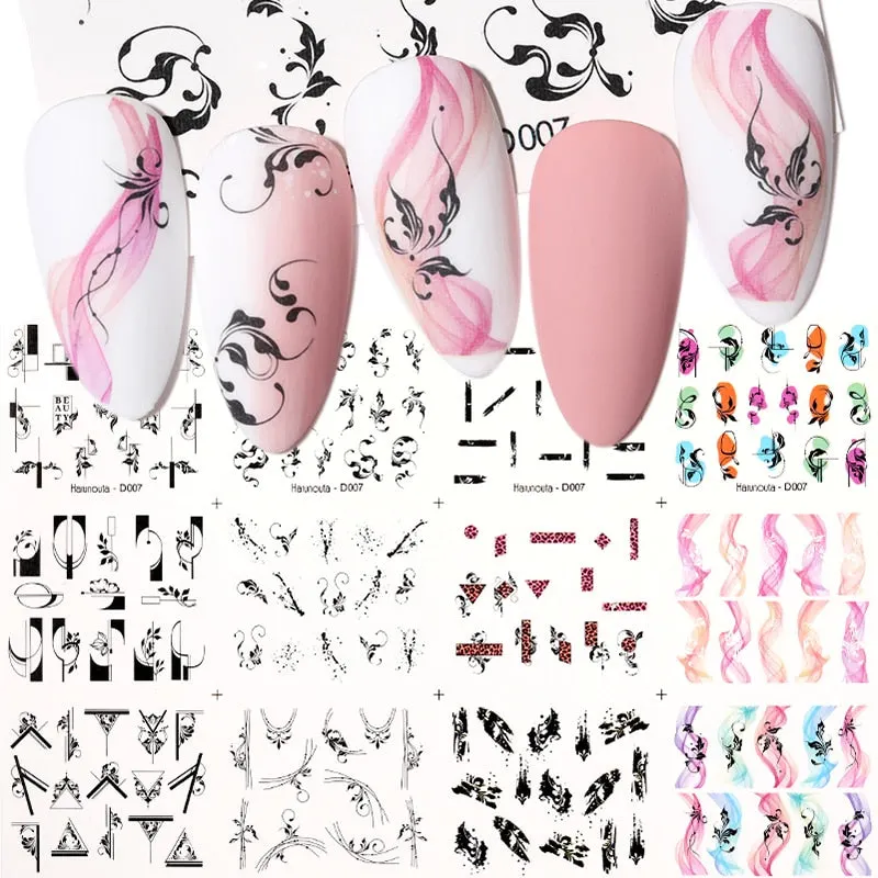 12Pcs Flower Leaf Geometric Lines Water Decals Spring Floral Butterfly Transfer Sliders Paper For Nails Decoration Manicures