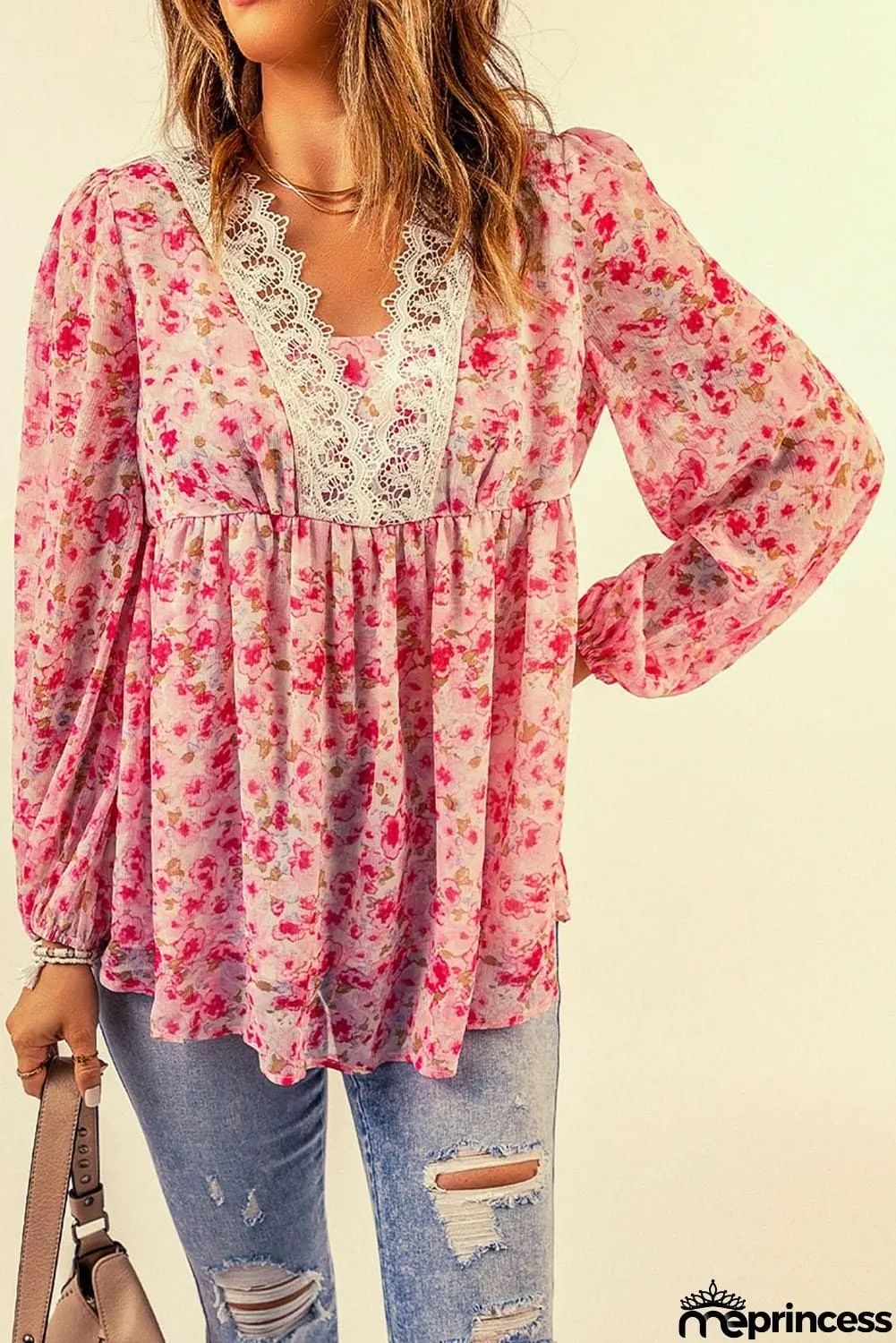 Floral Lace Trim Balloon Sleeve Blouse
