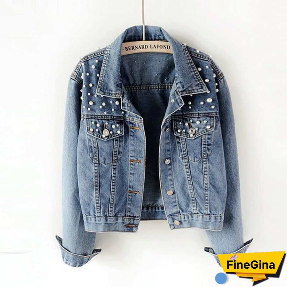S-5XL Women Pearls Beading Denim Jacket BF Vintage Denim Jean Jacket Loose Coat Outwear
