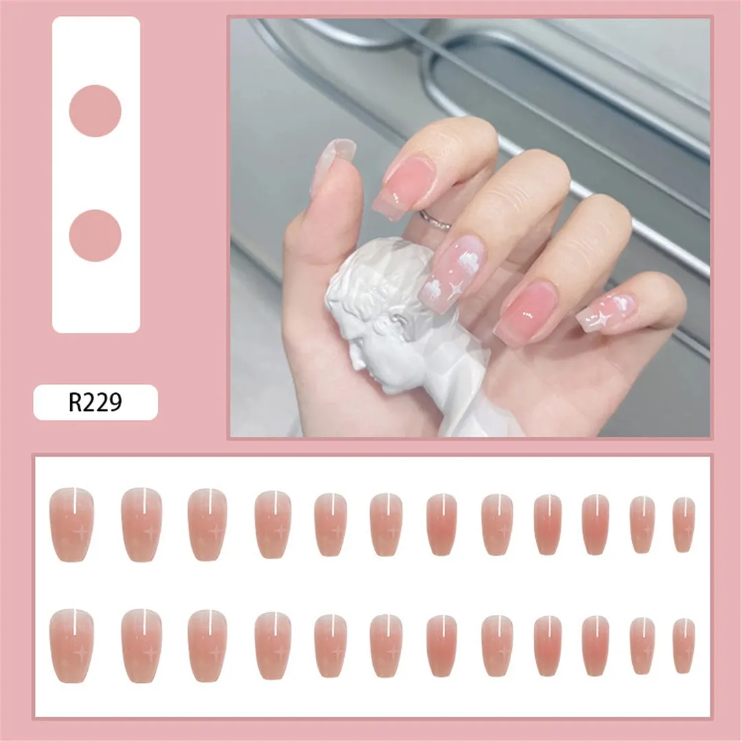 24pcs/box Fake Nails With Glue Yellow Flower Printed Type Short Paragraph Fashion Manicure Press On False Nails Gifts For Girls-Nail Inspo