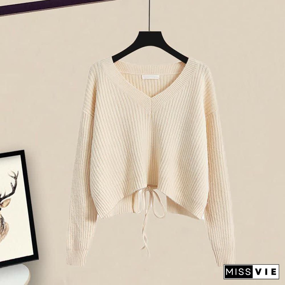 V-neck Lace Up Knit Sweater A-line Skirt Two Pieces