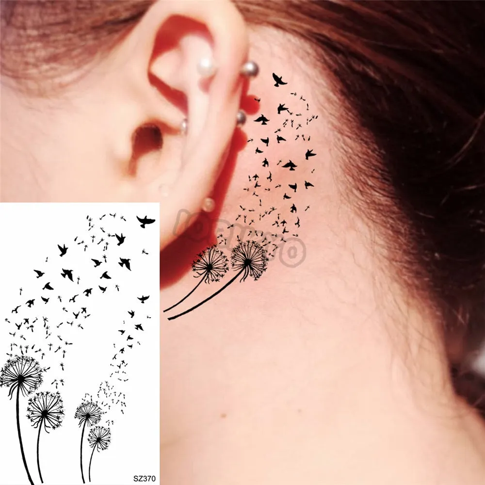 Black Dandelion With Creative Tattoos For Women Men Realistic Sea Wave Mountain Lavender Fake Tattoo Sticker Arm Leg Tatoos 3D