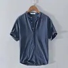 Chemise en lin &agrave; col en V et manches courtes pour hommes