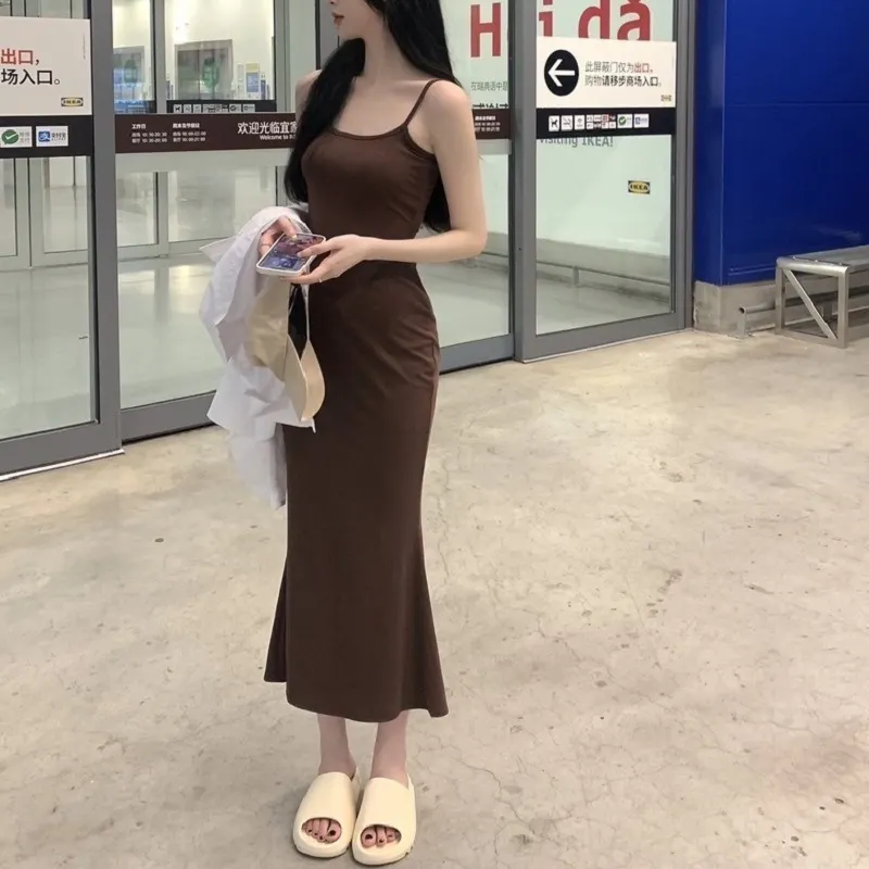 Brownm Brownm Belt Dress Female Summer Sleeveless Accept Waist Pure Desire Sexy Tight Show Thin Senior Feeling Bag Buttock Hot Girl Tight Skirt