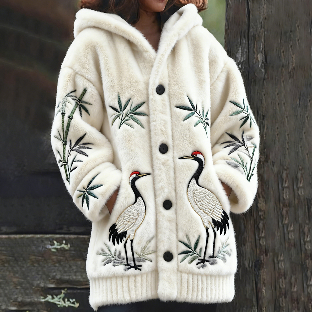 Japanese Bamboo & Crane Embroidery Design Women's Hooded Flannel Cardigan
