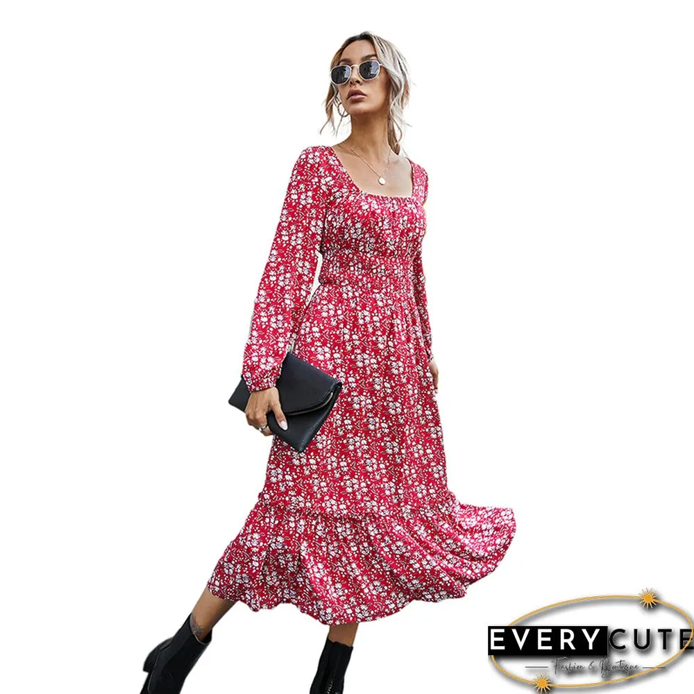 Red Square Neck Long Sleeve Floral Dress