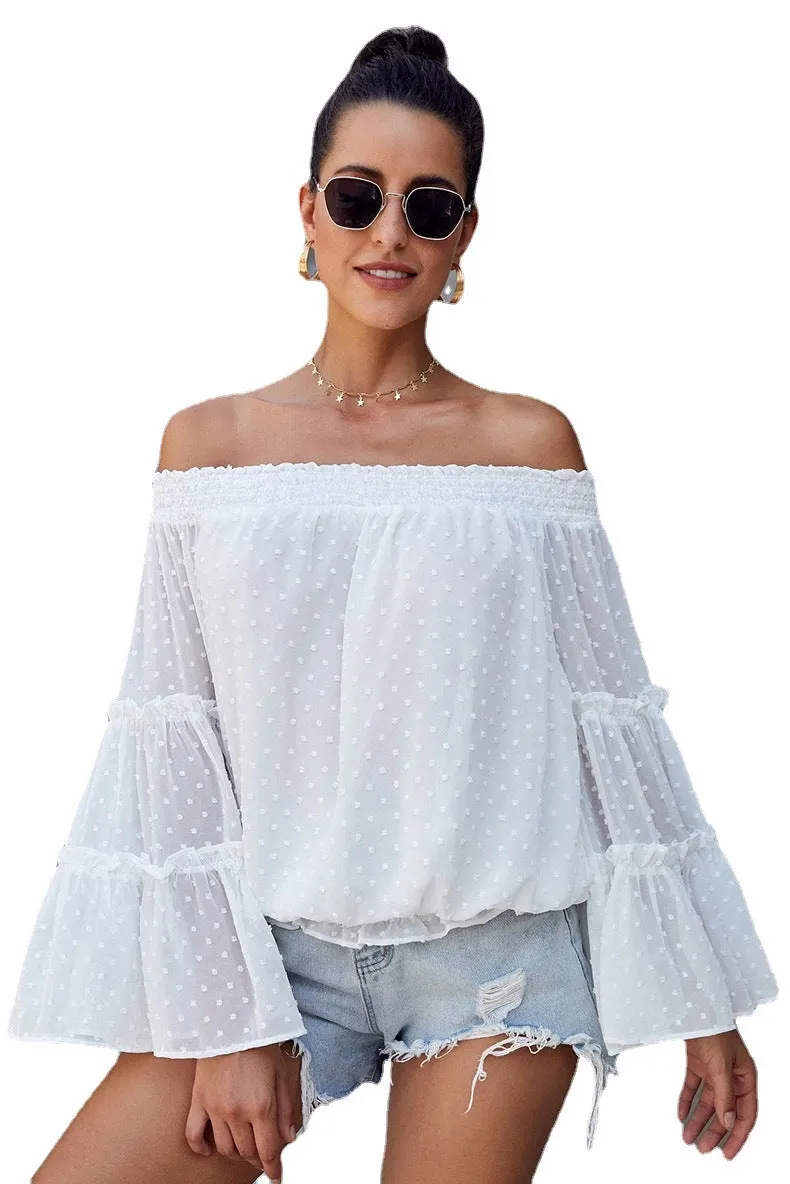 Brownm Long Dot Sleeve Chiffon Off-shoulder Off-the-neck Hollow-out Loose Top