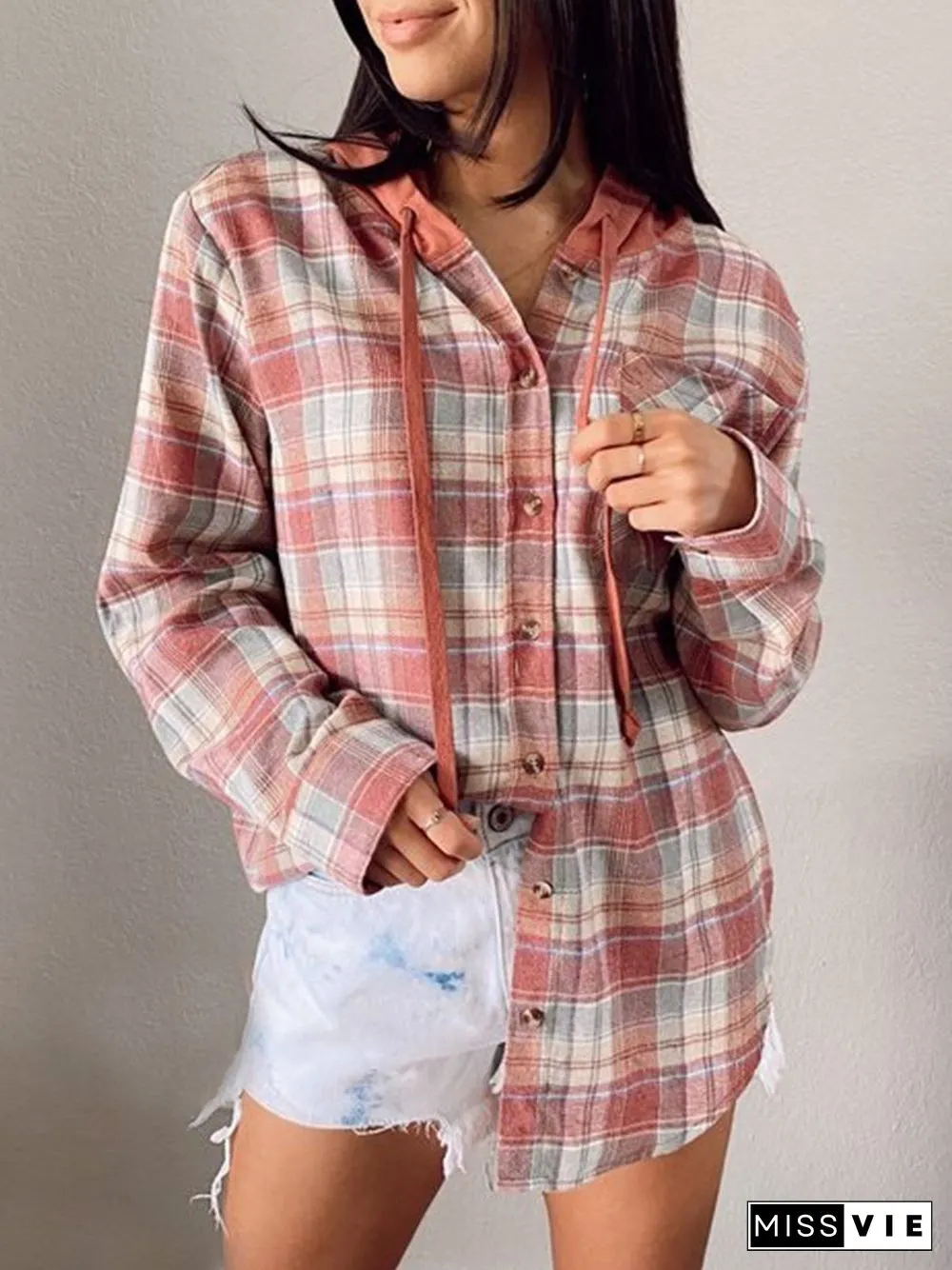 Oversizd Fit Button Up Hoodies Casual Multi Colored Hooded Flannel Shirt