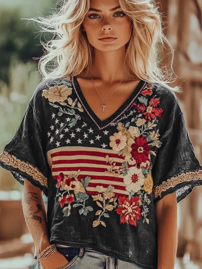 Women's Independence Day Flag Flower Embroidered V-neck Linen Blend T-shirt