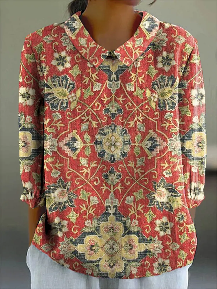 Women's Vintage Lovely Floral Art Print Casual Cotton And Linen 3/4 Sleeve Shirt