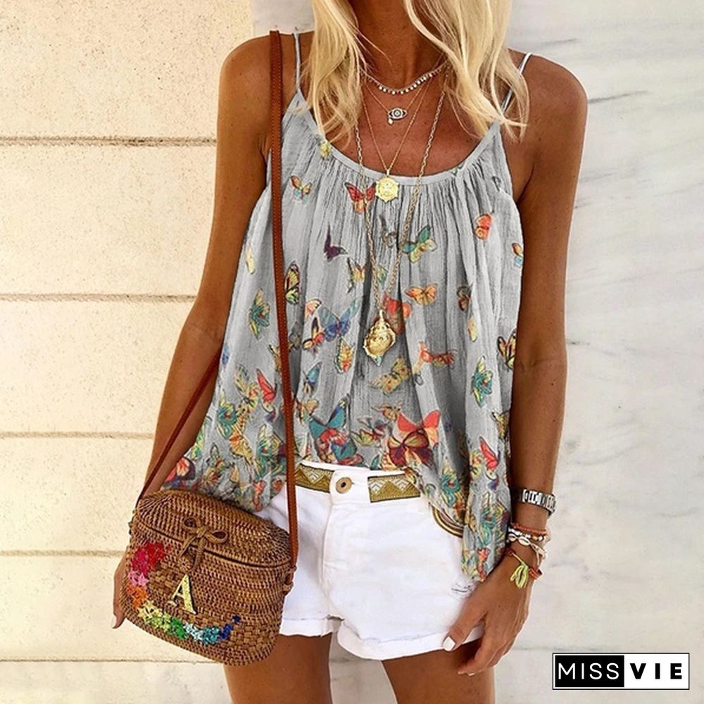 Women's Fashion Summer Casual Loose Butterfly Print Vest Plus Size