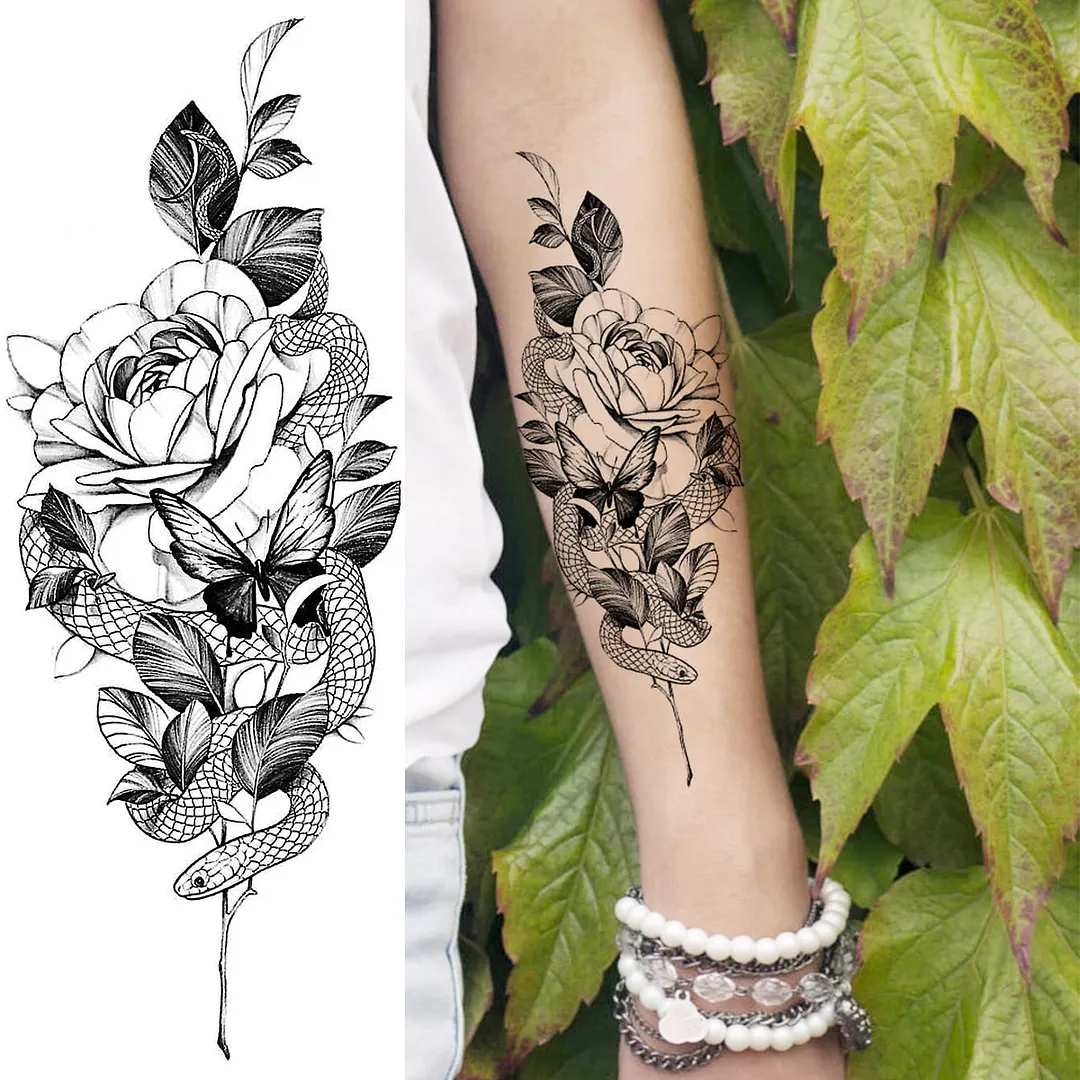 Black Rose Flower Snake Temporary Tattoos For Women Adult Peony Serpent Fake Tattoo Forearm Body Art Painting Waterproof Tatoos