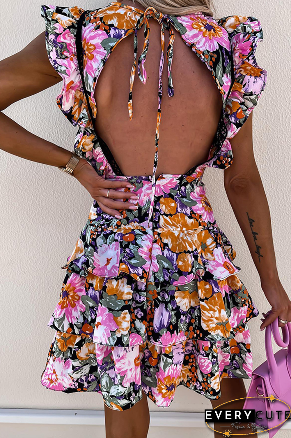 Fashion Print Flounce O Neck Cake Skirt Dresses