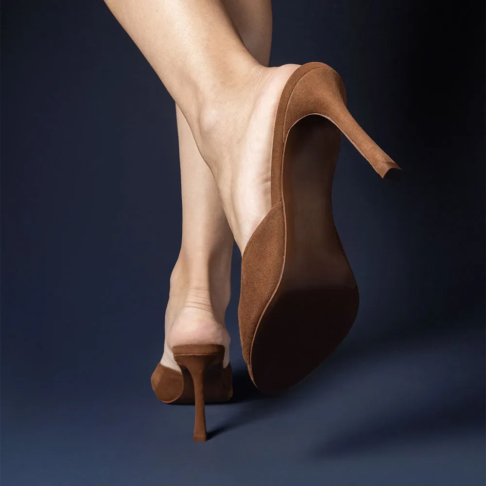Brown Vegan Suede Slip-On Open Toe Mules Shoes with Stiletto Heel