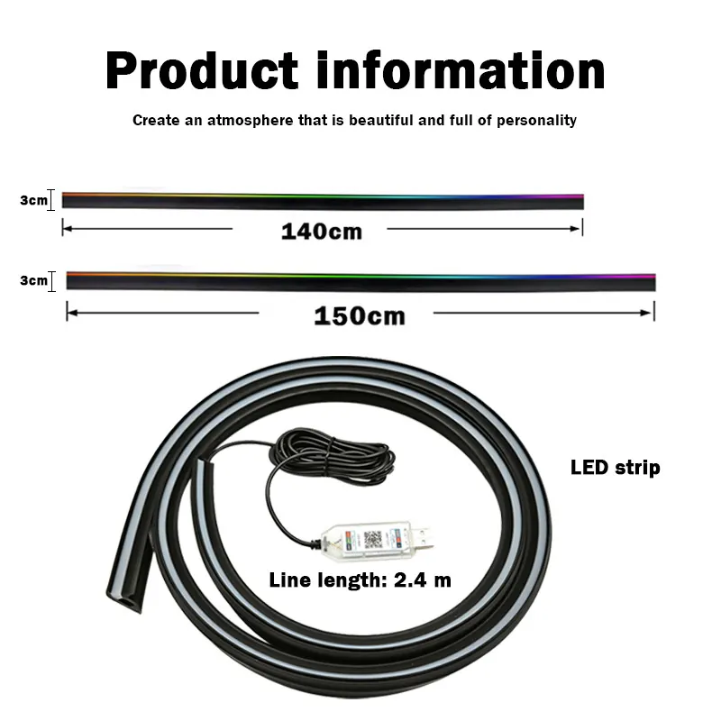 Car windshield soundproofing strip modification with LED acrylic ambient lighting, USB installation-free flowing decorative lights