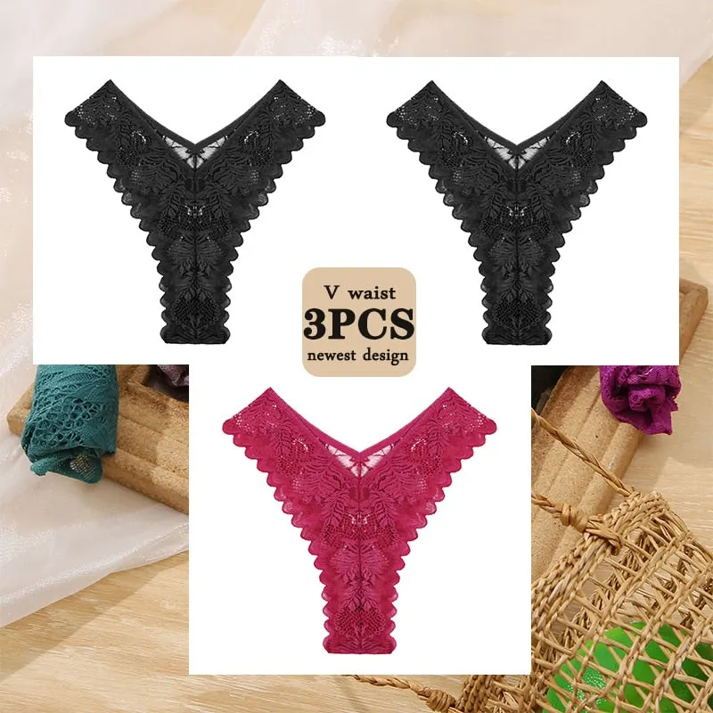 3PCS/Set Floral Lace Panties Perspective Sexy Underwear Women Panties Brazilian Briefs Lingerie V Waist Design Female Underpants