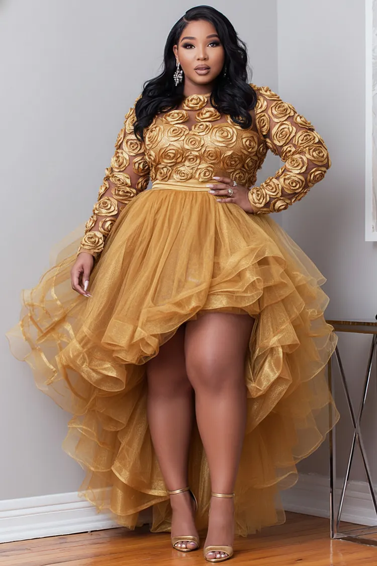 Xpluswear Design Plus Size Party Gold Round Neck Long Sleeve 3D Elegant High Low Hem Tulle Mini Dresses 2024 - Xpluswear