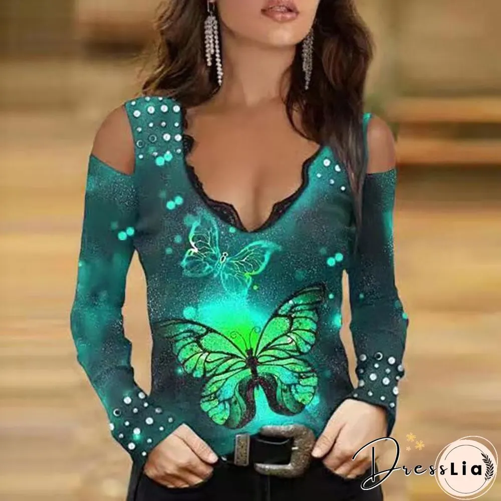 Deep V Neck Open Shoulder Printed Shirt