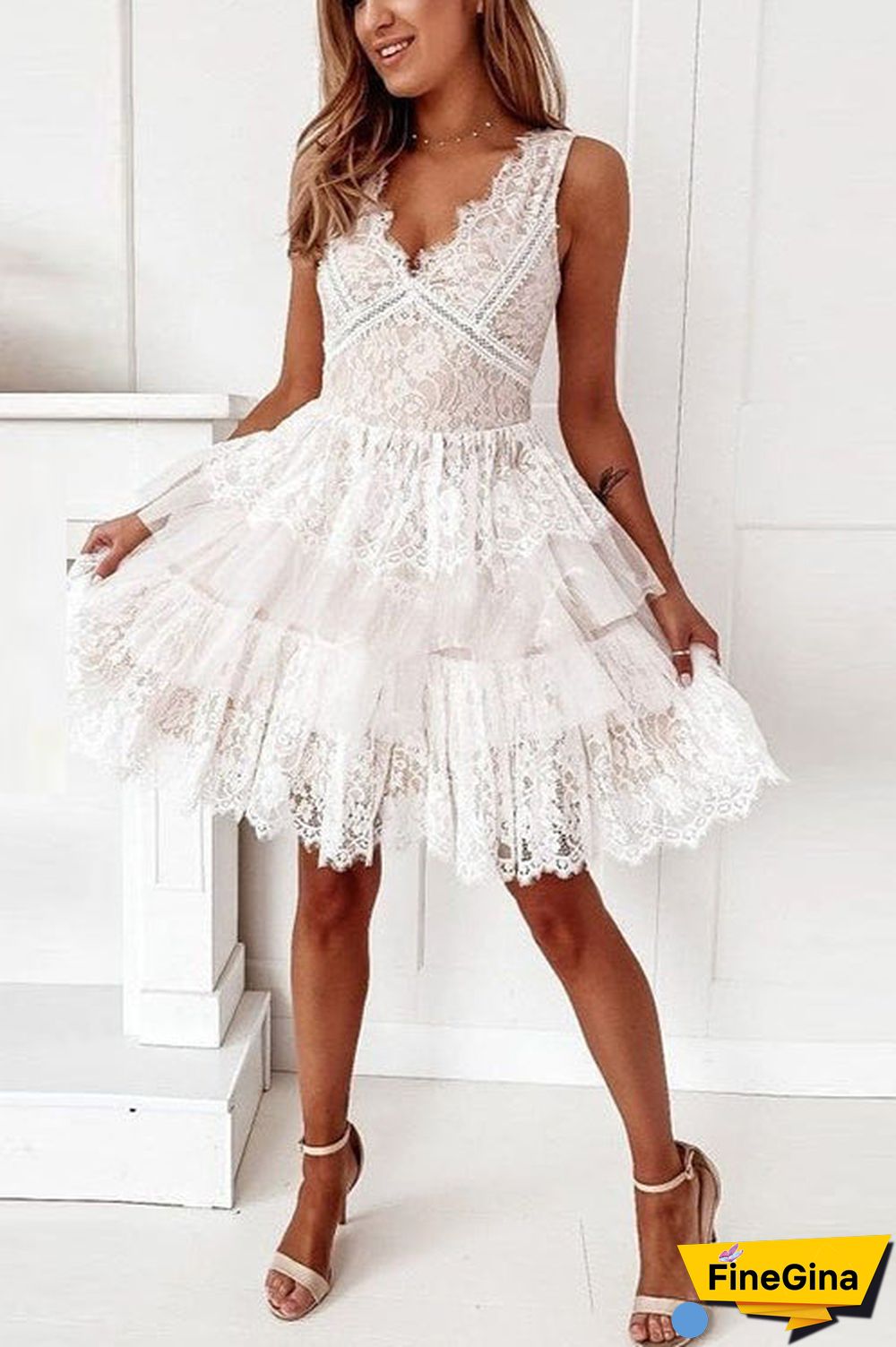 Lace Mesh V Neck Tank Cake Dress