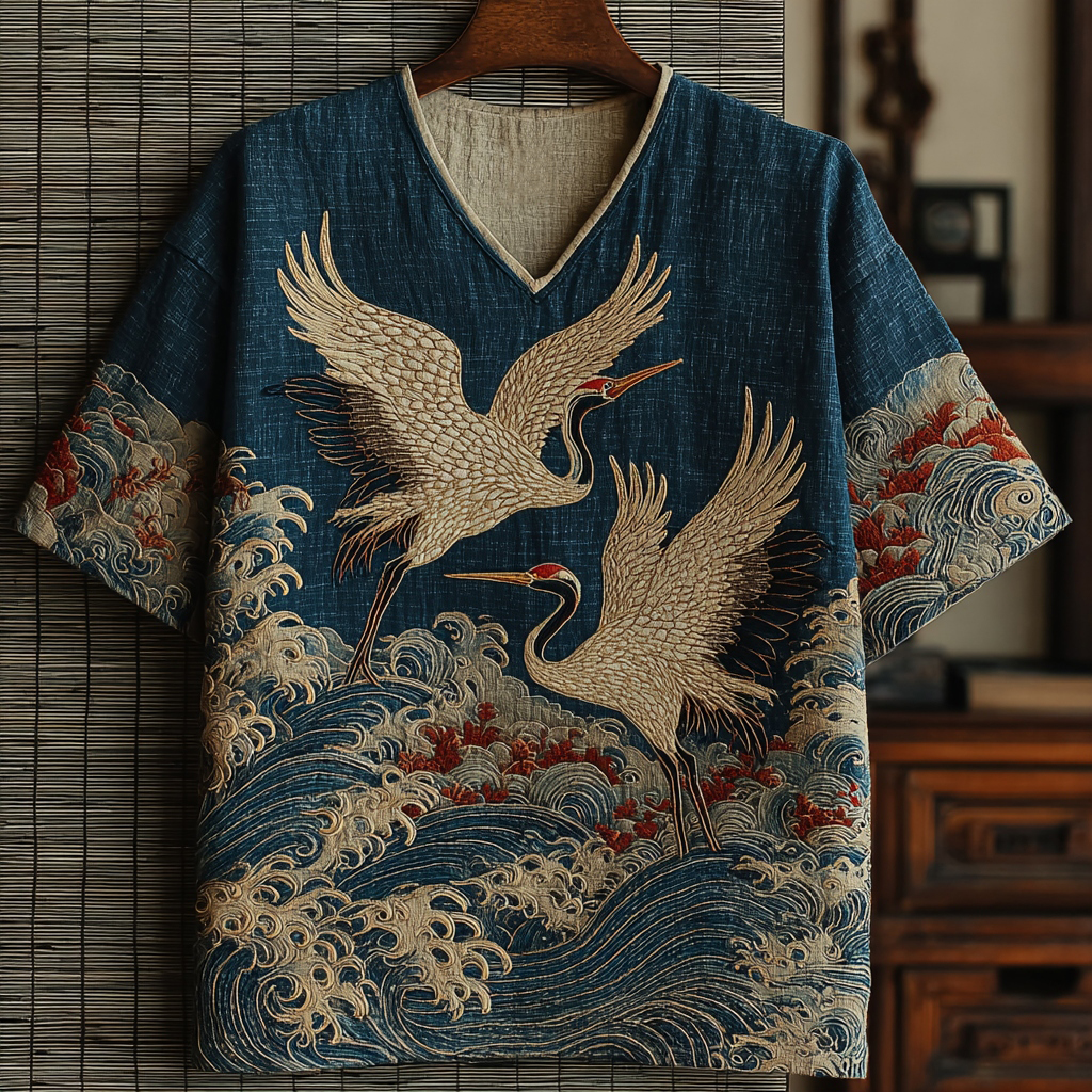 Men's Vintage Japanese Crane Embroidery Art V-neck Linen T-shirt
