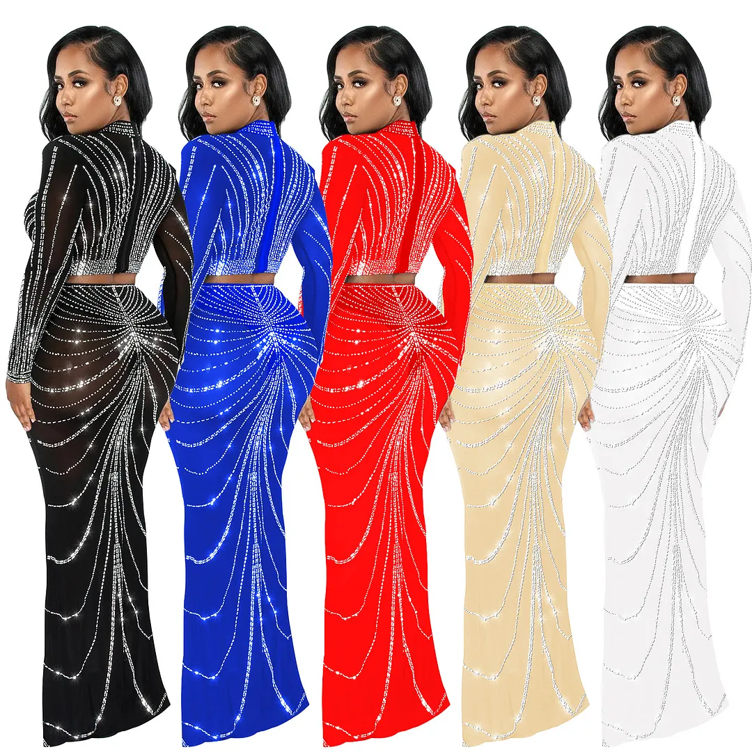 Churchf Churchf Fashion Women's Mesh Hot Drill Perspective Long-Sleeve Dress Two-Piece Set