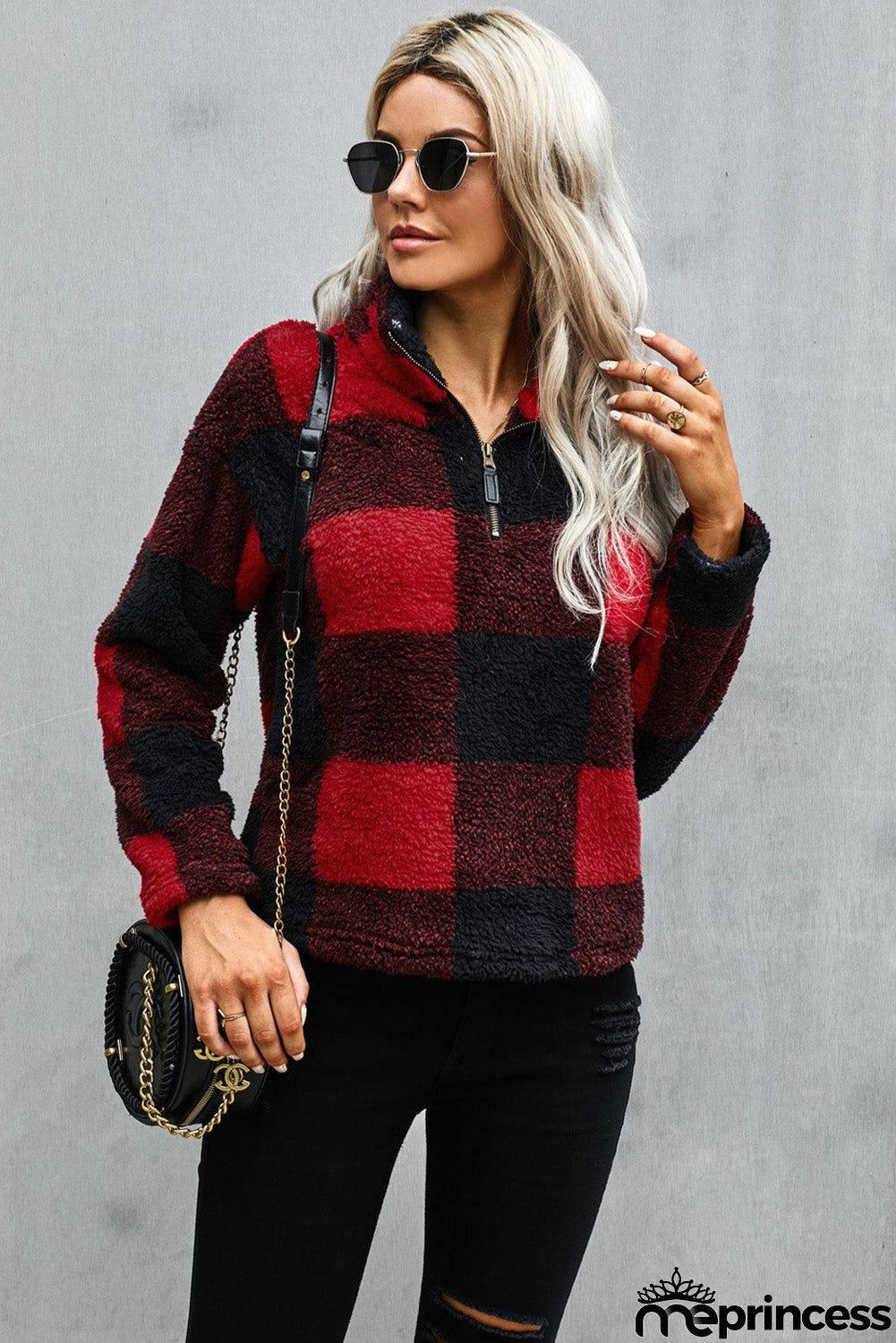 Women's Winter Red Plaid Zip Collar Plush Pullover Sweatshirt