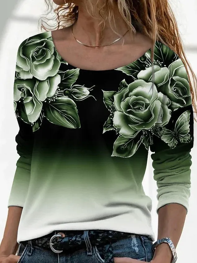 Brownm Long Digital Printing Sleeve Loose Neck Casual Pullover Print T-shirt