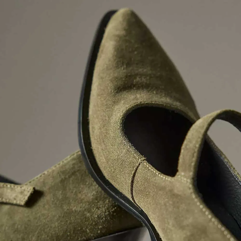 Olive Closed Pointed Toe Wedge Heel Buckle Strap Mary Jane Pumps