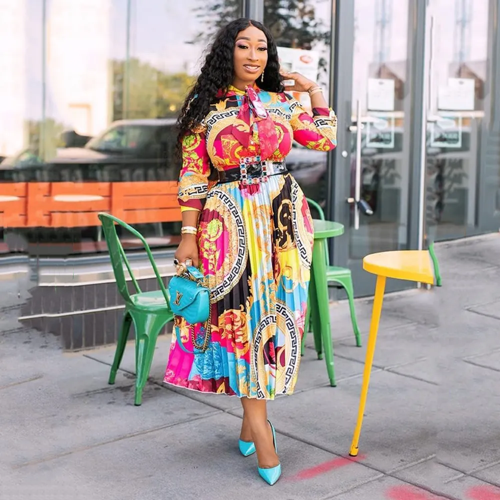 Uveng Uveng Spring And Summer New Wish Dress Large Size Women's Clothing Literary Print 100 Fold Seven Sleeve Long
