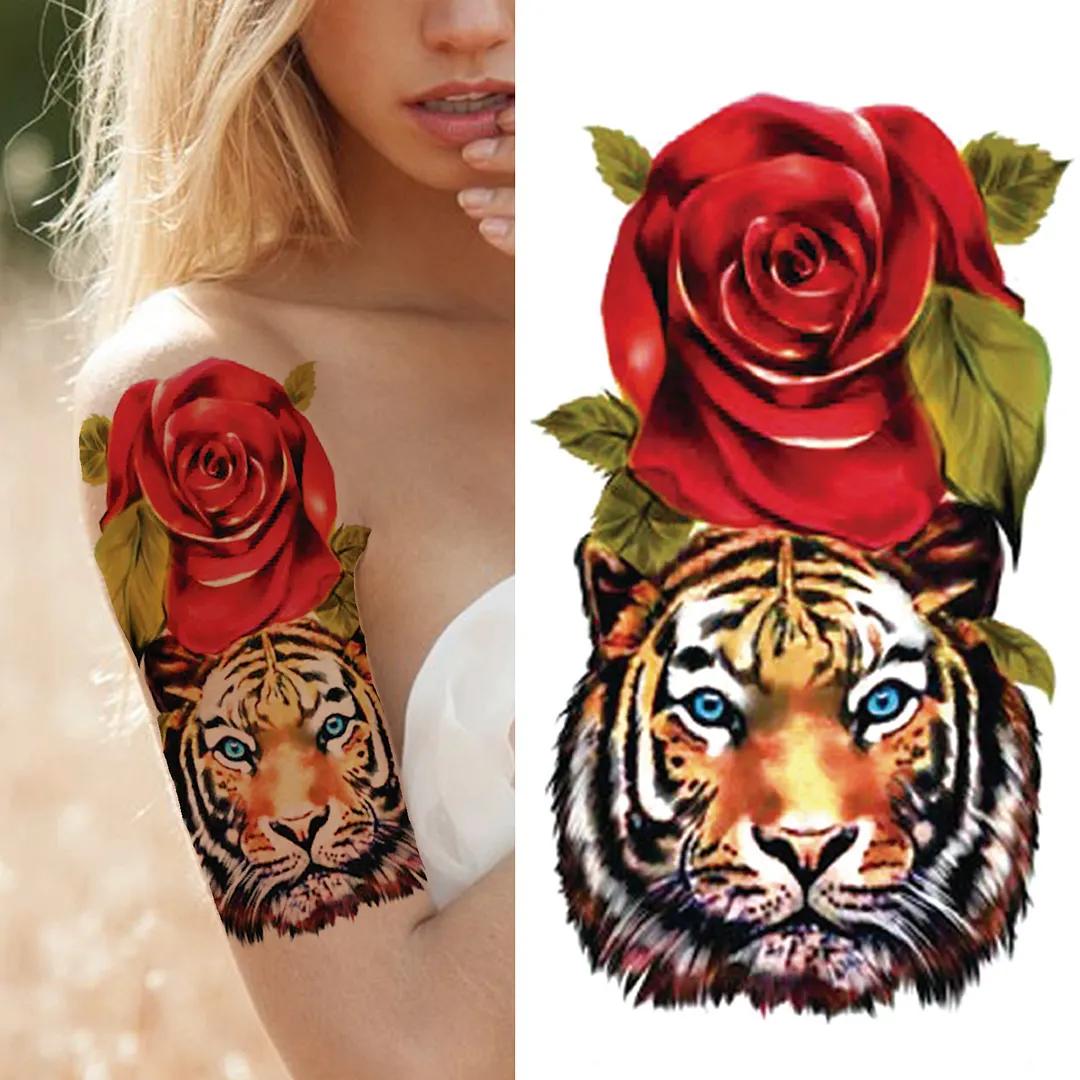 Sdrawing Lion Flower Temporary Tattoos For Women Men Kids Boy Black Tiger Skeleton Tattoo Sticker Fake Compass Tatoos Half Sleeve