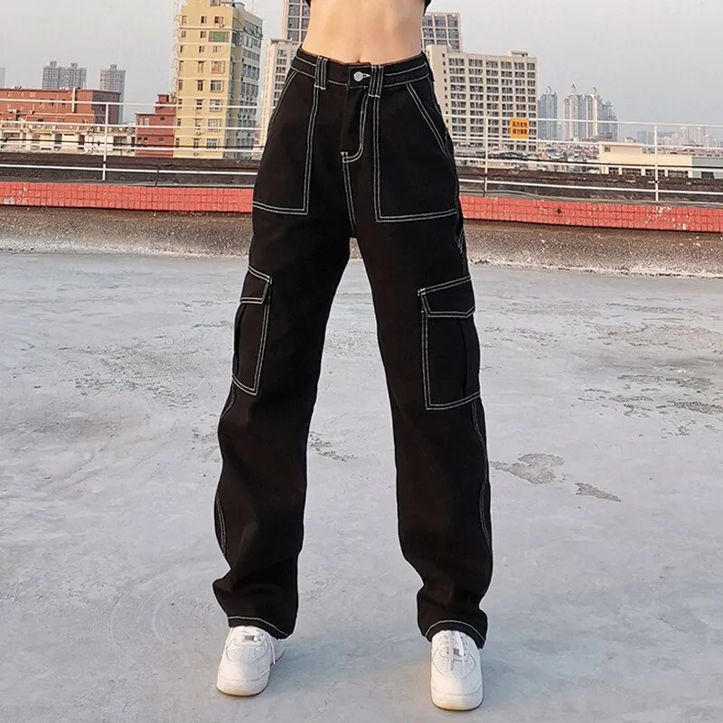HEYounGIRL White Thread Black Cotton Jeans Women Casual Loose Straight Long Trousers Ladies Harajuku Punk Fashion Pants Capris