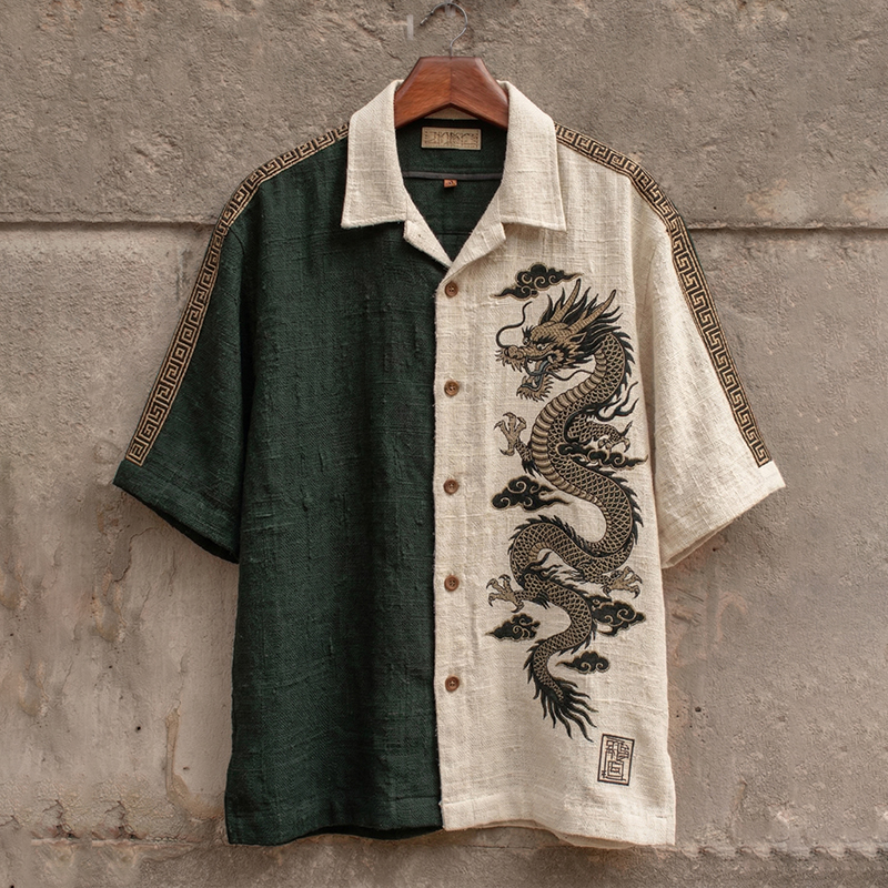 Men's Vintage Japanese Dragon Color Block Design Short Sleeve Shirt elevenforest