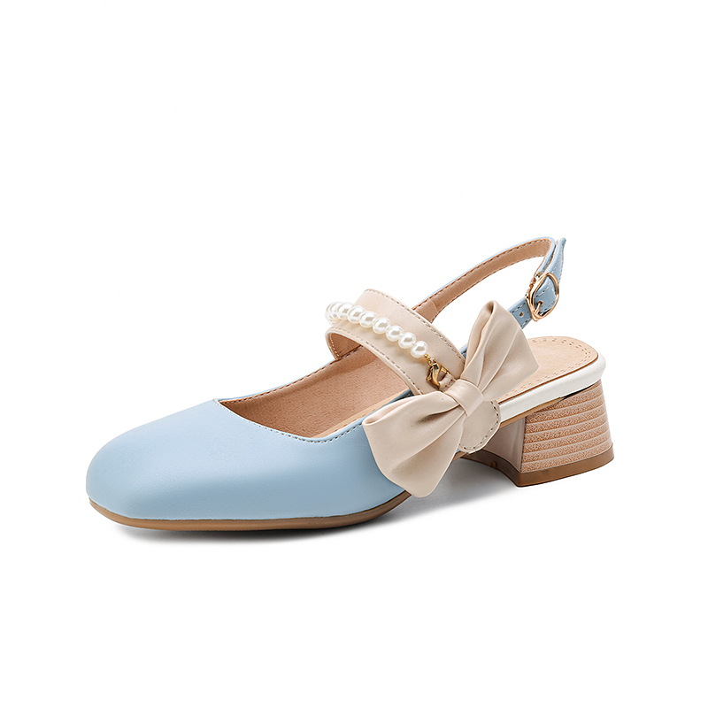 GOOSHOE Butterfly Pearl String Stickers Square Headed Girls' Sandals Back Strap Wood Grain Thick Heels Lolita Style Sandals