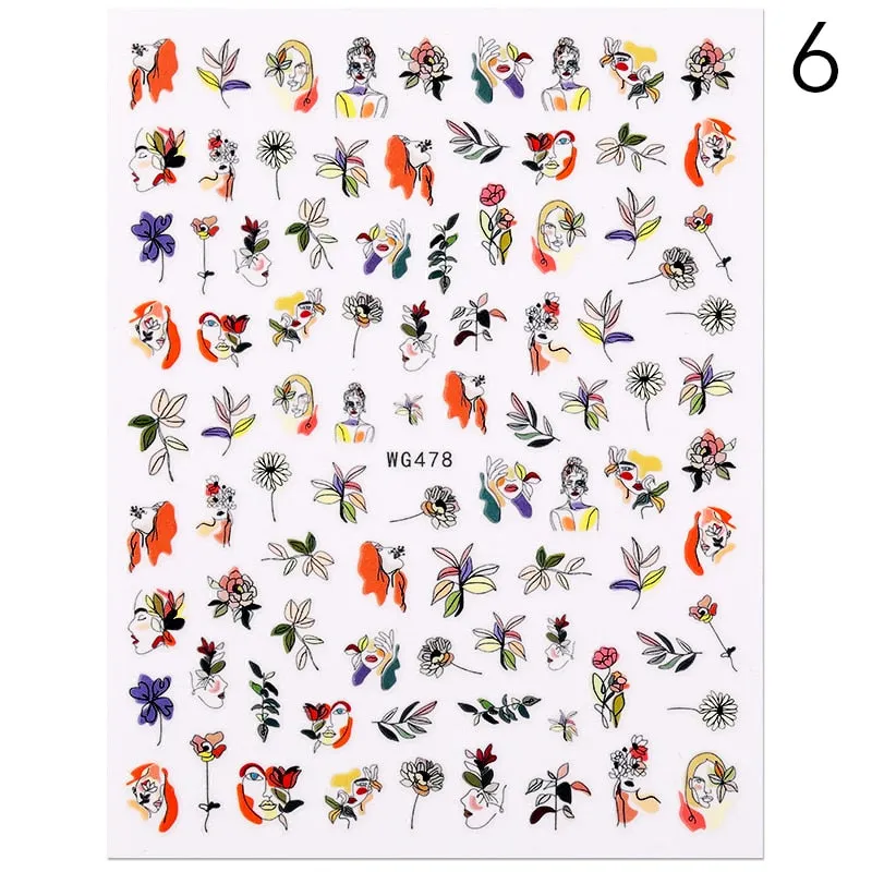 Geometric Lines Flowers Leaves 3D Nail Sticker Figure Woman Face Pattern Special Self Adhesive Nail Art Decals Manicures Sliders-Nail Inspo